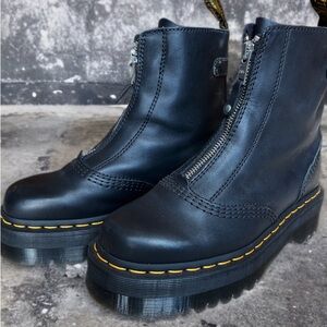 Dr. Martens Black Leather Platform Combat Boots with Yellow Stitching